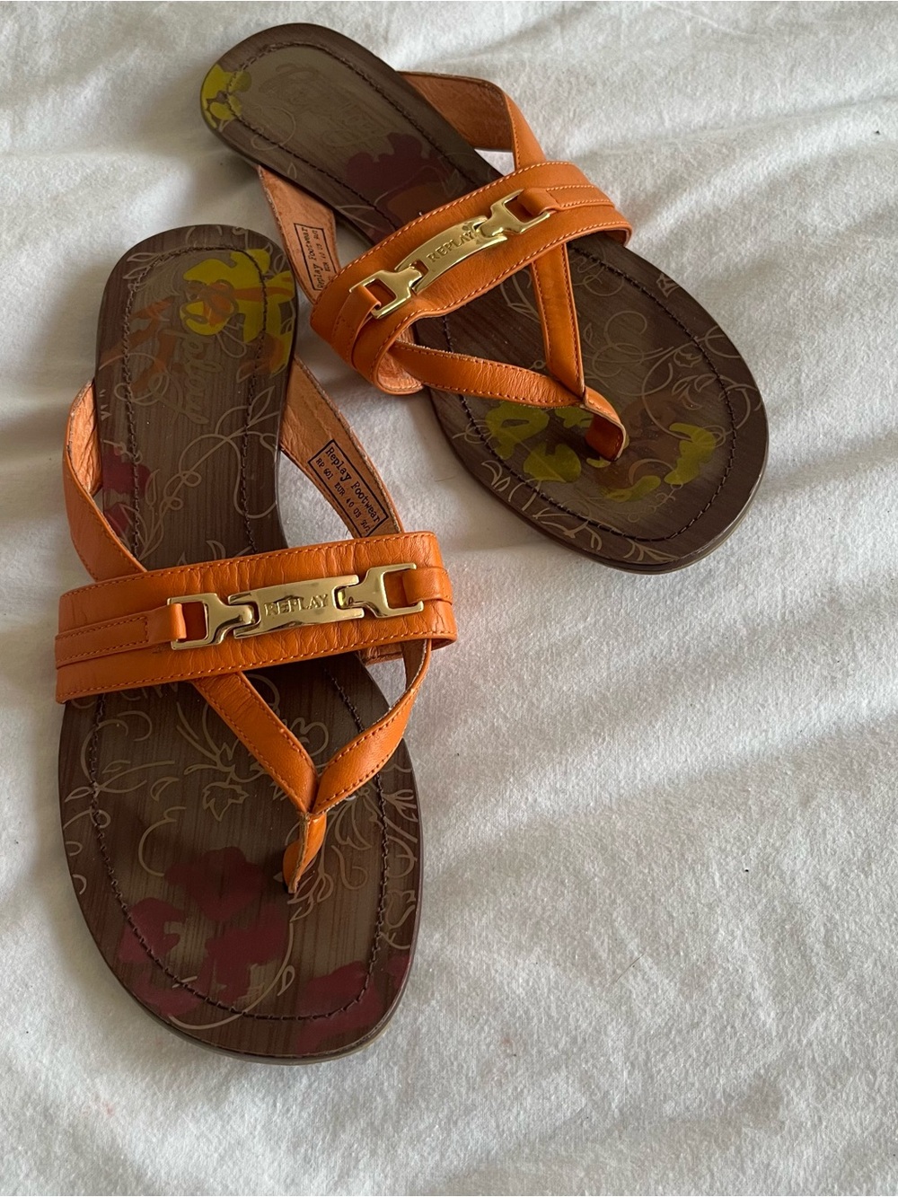 Replay Y2K Orange Leather Flip Flop Sandals